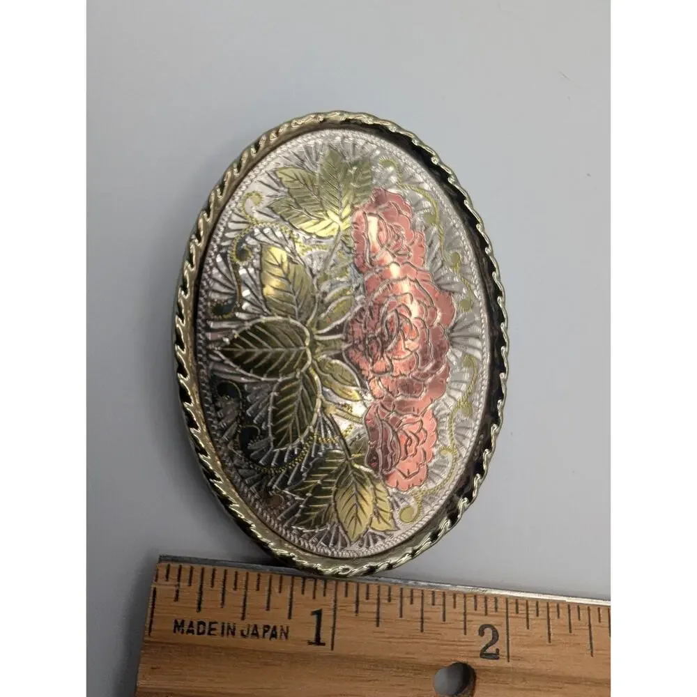 Vintage USA Floral Rose Etched Gold Copper Silver Tone Western Belt Buckle